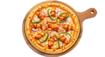 A delicious pizza with chicken toppings and vegetables on a wooden serving board close up shot png