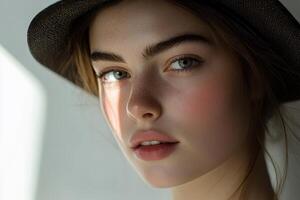 Close-up Portrait of a Young Woman with Freckles and a Black Hat photo