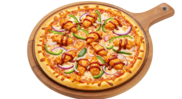 A pizza with chicken tenders, onions, green peppers and sauce on a wooden pizza peel or serving board png