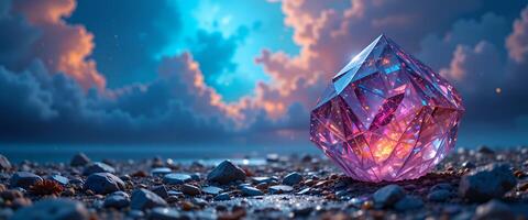 A purple crystal on the ground with a sky background photo