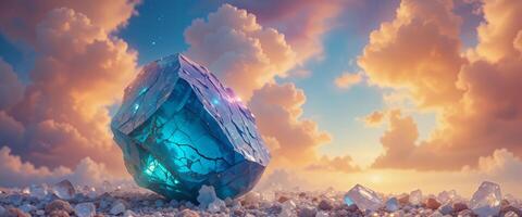 A blue stone in the middle of a field photo