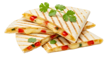 Close up of a stack of grilled quesadillas with cheese, peppers, and cilantro garnish on top png