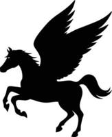 A black Pegasus silhouette rears dramatically with powerful wings against a stark white background in form vector
