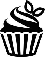 A sweet black cupcake with two leaves on top is displayed vector