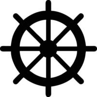 A black ship wheel with spokes rotates on a blank white background image vector