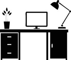 Black silhouette of a modern computer desk with pot plant and lamp is displayed vector