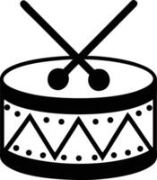 Black outline shows a drum with two drumsticks behind it on white vector