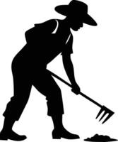 Silhouette of a farmer with hat is working the land using a rake tool vector