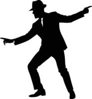 Silhouette of a man with hat points dynamically, wearing suit, moving energetically vector