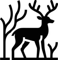 Stag silhouette with large antlers stands near trees in minimalist black style vector