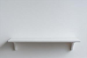 Front view of empty shelf on white table photo