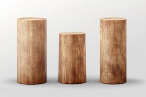 Four wooden pedestal cylinders of varying heights perfect for product display or decorative use Isolated on transparent background photo