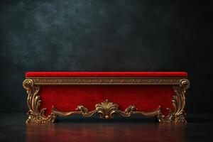 Elegant Long Red Table Podium 3D Background for Product Display and Presentation photo