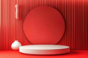Modern stand podium on red background with pedestal platform for product display photo