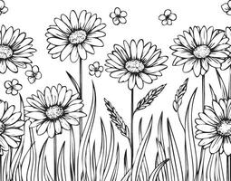 black and white daisies and grass seamless pattern vector