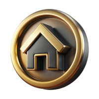 This is a 3d illustration of a glossy round metal internet button with a house icon symbol for a website homepage png
