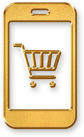 Gold Mobile Shopping Icon 3D Glossy Golden Smartphone with Cart Symbol and Metallic Shine for Online Purchases, E commerce Apps, and Digital Transactions png