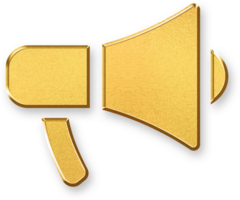 Gold Megaphone Icon 3D Glossy Golden Loudspeaker Symbol with Metallic Shine and Shadowed Style for Announcements, Marketing, and Public Voice png