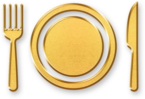 Gold Plate and Cutlery Icon 3D Glossy Golden Dining Plate with Fork and Knife Symbol and Metallic Shine for Food, Restaurants, Menus, and Culinary Services png