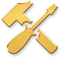Gold Hammer and Screwdriver Icon 3D Glossy Golden Tools Cross Symbol with Metallic Shine and Shadowed Effect for Settings, Maintenance, and Construction Themes png