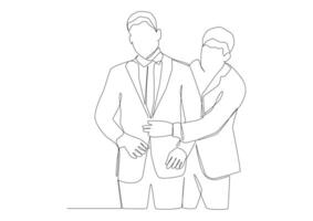 Continuous line art of man helps a friend get dressed. vector