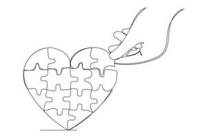 continuous line drawing of hands solving jigsaw puzzle in a love shape vector