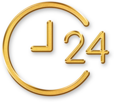 Gold 24 Hour Service Icon 3D Glossy Gold Clock and Arrow Symbol Representing 24 7 Support, Customer Care, and Around the Clock Availability in Modern Service Design png