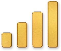 Gold Signal Bars Icon 3D Glossy Golden Vertical Signal Strength Symbol with Metallic Shine and Shadowed Effect for Network Status, Connectivity, and Wireless Performance Concepts png