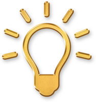 Gold Idea Icon 3D Glossy Golden Lightbulb Symbol with Metallic Shine and Shadowed Style for Innovation, Creativity, Intelligence, and New Thinking Concepts png