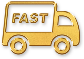 Gold Fast Express Icon 3D Glossy Golden Speed Truck Symbol with Motion Lines, Metallic Shine and Shadowed Effect for Delivery, Shipping, and Logistics Acceleration Concepts png