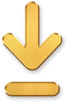 Gold Download Icon 3D Glossy Golden Arrow Symbol Pointing Down with Metallic Shine and Shadowed Effect for File Saving, Digital Transfer, and Cloud Storage Concepts png