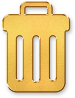 Gold Delete Icon 3D Glossy Golden Trash Bin Symbol with Metallic Shine and Shadowed Style for Removing Files, Clearing Data, and Discarding Content in Digital Applications png