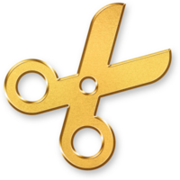 Gold Scissors Icon 3D Glossy Golden Cutting Tool Symbol with Metallic Shine and Shadowed Style for Design, Crafting, Trimming, and Hairdressing Concepts png