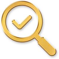 Gold Search with Checkmark Icon 3D Glossy Golden Magnifying Glass with Tick Symbol and Metallic Shine for Confirmed Search, Accurate Result, and Verified Exploration Concepts png