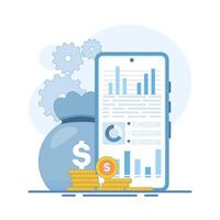 Digital Marketing Data Concept. Mobile Phone with Data Graph and Coins. Digital marketing. Advertising business development strategy. Social media analysis. Flat design illustration on background. vector