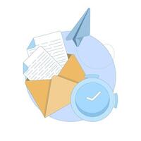 Scheduled Mail Concept. Mail Envelope with Clock. Email messages sent to customers with automated scheduling software, email marketing concept. Flat Design Illustration. vector