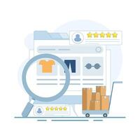 eCommerce website concept, Customer experience of shopping website, Add to cart concept, Customers share product ratings. flat cartoon design illustration. vector