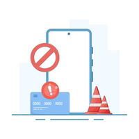 Mobile and payment card blocked, online payment, warning. debit card with payment warning sign concept online payment rejection icon. flat design illustration on background. vector