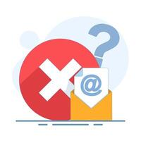 email account not found, login error, or invalid email address. email envelope with at sign and red cross. for UI design, mobile apps, websites, and alert messages. flat cartoon illustration. vector