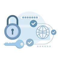 Cloud Security and Data Protection Concept. Online security, information confidentiality. Cloud storage. Network protection. Passwords, keys, personal identification. Flat design illustration. vector