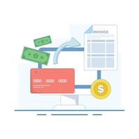 bill payment card. invoice on computer monitor screen. Payment by payment card and financial card for shopping. illustration on isolated background in flat line style. vector