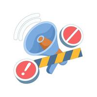warning concept with blocked Megaphone, notification, danger, prohibition of loud noise, announcement, or voice amplification. flat cartoon illustration in the background. vector