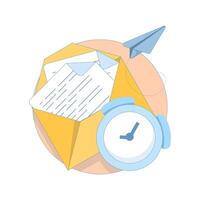 Scheduled Mail Concept. Mail Envelope with Clock. Email message sent to customers with automatic scheduling software, email marketing concept. Flat Design Illustration in the background. vector