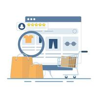 eCommerce website concept, Customer experience of shopping website, Add to cart concept, Customers share product ratings. flat design illustration. vector