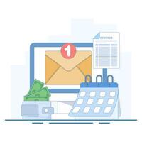 payment schedule set calendar with date markers background invoice banknotes inserted into wallet notification email message on laptop screen monitor. Flat style illustration. vector