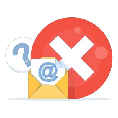 email account not found, login error, or invalid email address. email envelope with at sign and red cross. for UI design, mobile apps, websites, and alert messages. flat design.