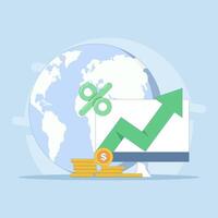 Global Economic Growth Concept. Earth and Coin Growth Chart. Economic growth chart increasing. Arrow chart and business growth chart. Flat Cartoon Design Illustration in background. vector