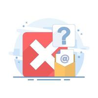 email account not found, login error, or invalid email address. email envelope with at sign and red cross. for UI design, mobile apps, websites, and alert messages. flat design illustration. vector