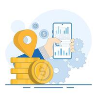 Digital Marketing Data Concept. Mobile Phone with Data Graph and Coins. Digital marketing. Advertising business development strategy. Social media analysis. Flat cartoon design illustration. vector