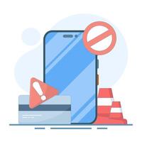Mobile and payment card blocked, online payment, warning. debit card with payment warning sign concept online payment rejection icon. flat cartoon design illustration on background. vector